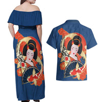 Japanese Geisha Koi Fish Couples Matching Off Shoulder Maxi Dress and Hawaiian Shirt Cherry Blossoms Blue Seigaiha Pattern - Wonder Print Shop