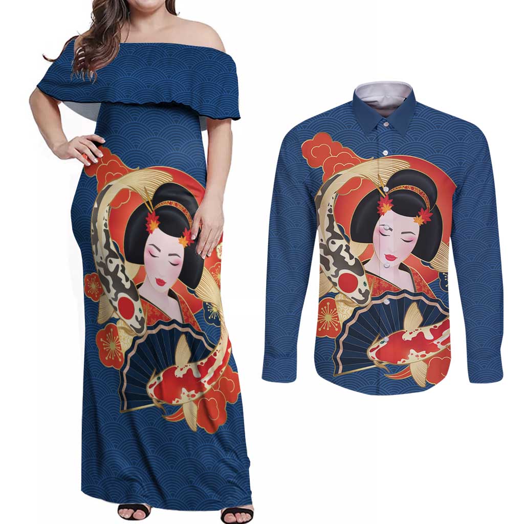 Japanese Geisha Koi Fish Couples Matching Off Shoulder Maxi Dress and Long Sleeve Button Shirt Cherry Blossoms Blue Seigaiha Pattern - Wonder Print Shop