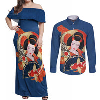Japanese Geisha Koi Fish Couples Matching Off Shoulder Maxi Dress and Long Sleeve Button Shirt Cherry Blossoms Blue Seigaiha Pattern - Wonder Print Shop
