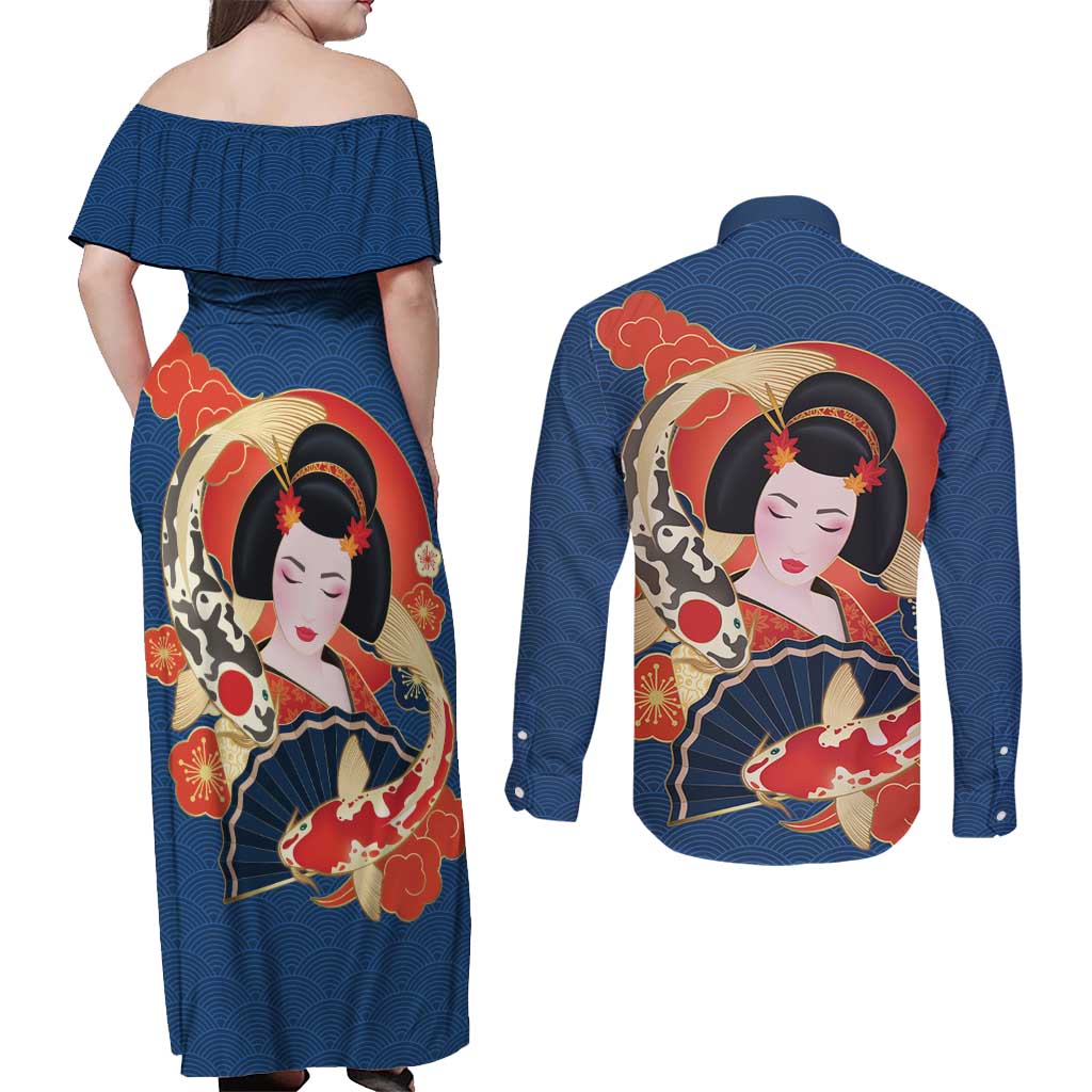 Japanese Geisha Koi Fish Couples Matching Off Shoulder Maxi Dress and Long Sleeve Button Shirt Cherry Blossoms Blue Seigaiha Pattern - Wonder Print Shop