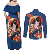Japanese Geisha Koi Fish Couples Matching Off Shoulder Maxi Dress and Long Sleeve Button Shirt Cherry Blossoms Blue Seigaiha Pattern - Wonder Print Shop