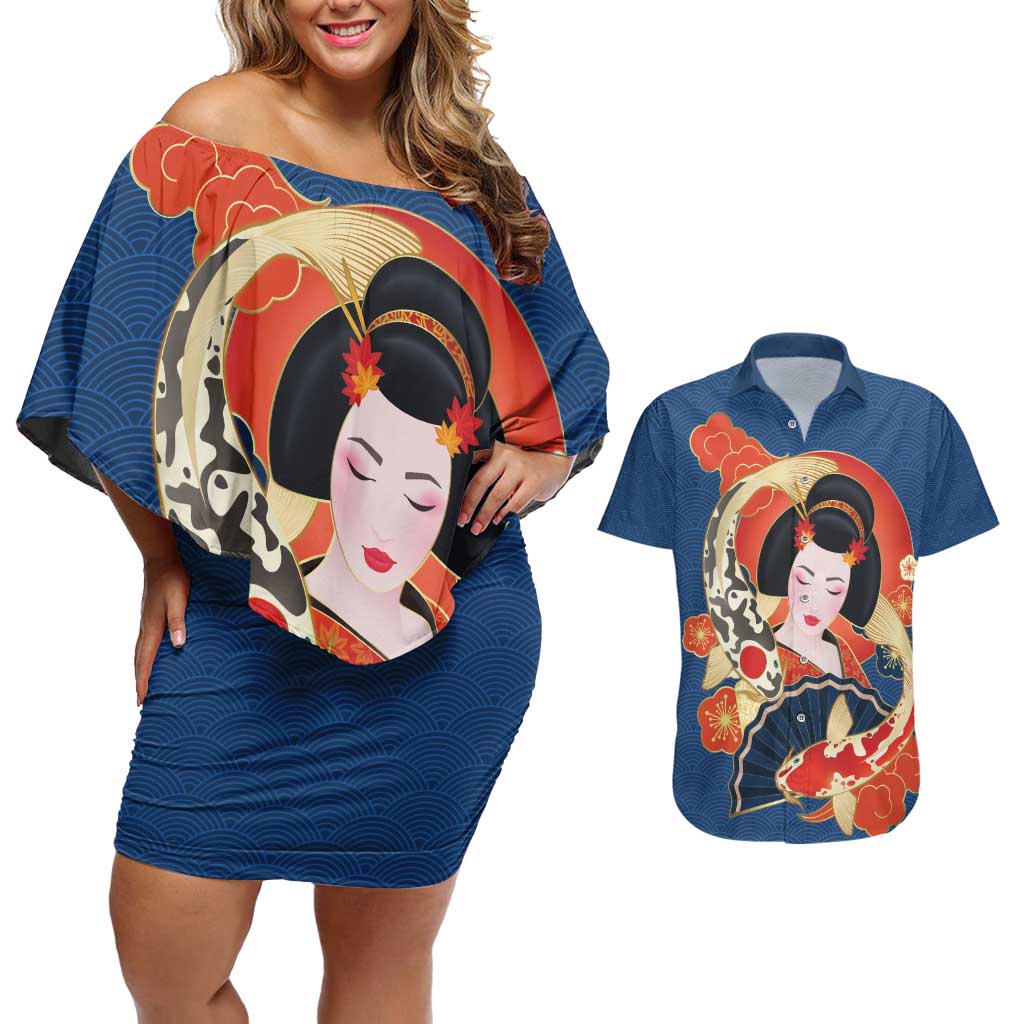Japanese Geisha Koi Fish Couples Matching Off Shoulder Short Dress and Hawaiian Shirt Cherry Blossoms Blue Seigaiha Pattern - Wonder Print Shop