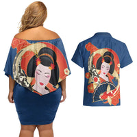 Japanese Geisha Koi Fish Couples Matching Off Shoulder Short Dress and Hawaiian Shirt Cherry Blossoms Blue Seigaiha Pattern - Wonder Print Shop