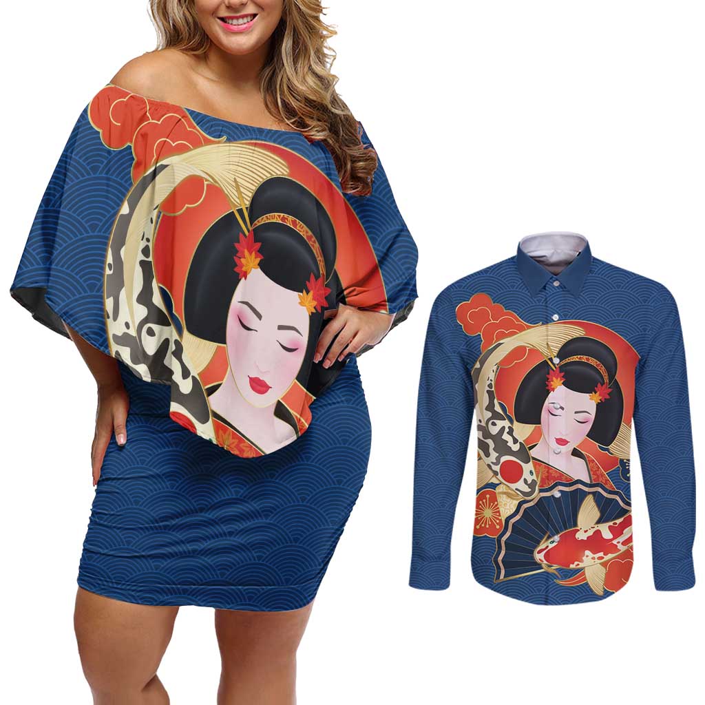 Japanese Geisha Koi Fish Couples Matching Off Shoulder Short Dress and Long Sleeve Button Shirt Cherry Blossoms Blue Seigaiha Pattern - Wonder Print Shop