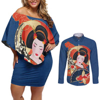 Japanese Geisha Koi Fish Couples Matching Off Shoulder Short Dress and Long Sleeve Button Shirt Cherry Blossoms Blue Seigaiha Pattern - Wonder Print Shop