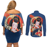 Japanese Geisha Koi Fish Couples Matching Off Shoulder Short Dress and Long Sleeve Button Shirt Cherry Blossoms Blue Seigaiha Pattern - Wonder Print Shop