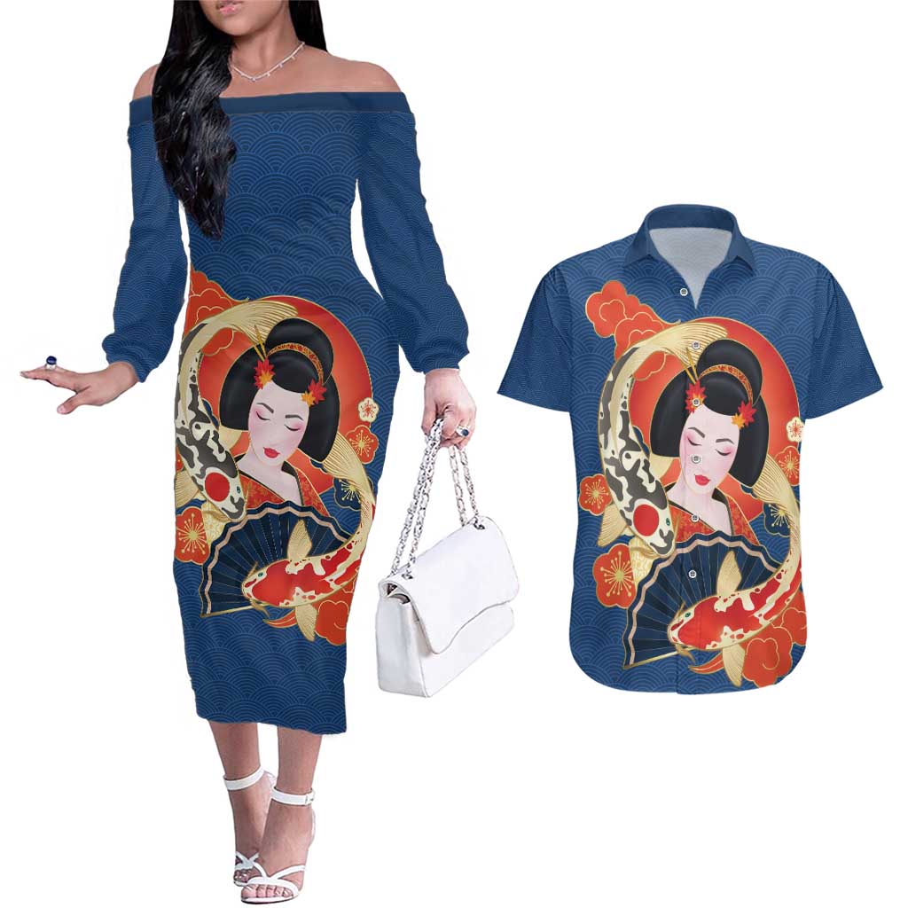 Japanese Geisha Koi Fish Couples Matching Off The Shoulder Long Sleeve Dress and Hawaiian Shirt Cherry Blossoms Blue Seigaiha Pattern - Wonder Print Shop