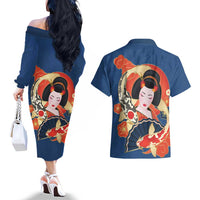 Japanese Geisha Koi Fish Couples Matching Off The Shoulder Long Sleeve Dress and Hawaiian Shirt Cherry Blossoms Blue Seigaiha Pattern - Wonder Print Shop