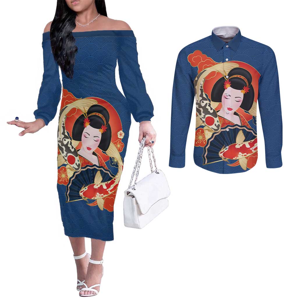 Japanese Geisha Koi Fish Couples Matching Off The Shoulder Long Sleeve Dress and Long Sleeve Button Shirt Cherry Blossoms Blue Seigaiha Pattern - Wonder Print Shop
