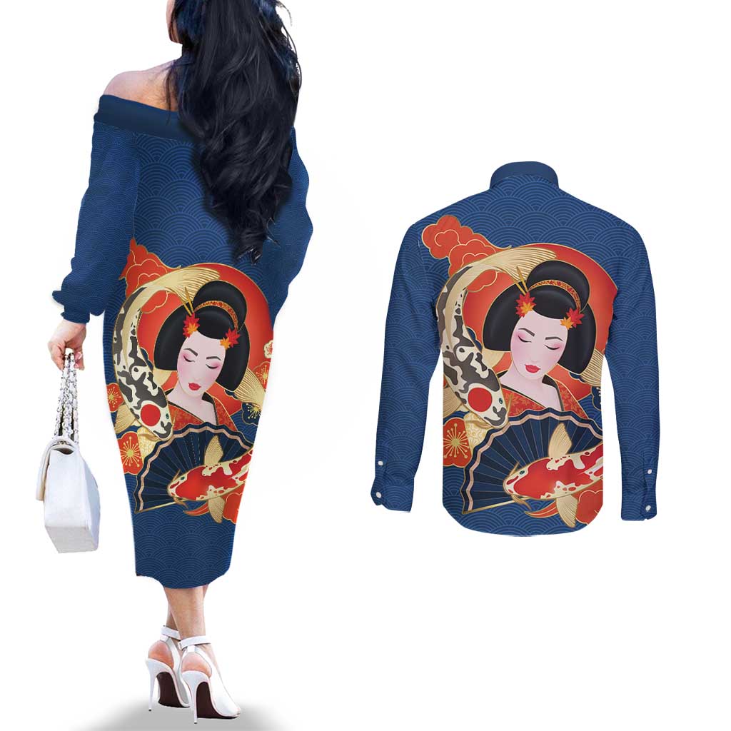 Japanese Geisha Koi Fish Couples Matching Off The Shoulder Long Sleeve Dress and Long Sleeve Button Shirt Cherry Blossoms Blue Seigaiha Pattern - Wonder Print Shop