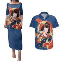Japanese Geisha Koi Fish Couples Matching Puletasi and Hawaiian Shirt Cherry Blossoms Blue Seigaiha Pattern - Wonder Print Shop
