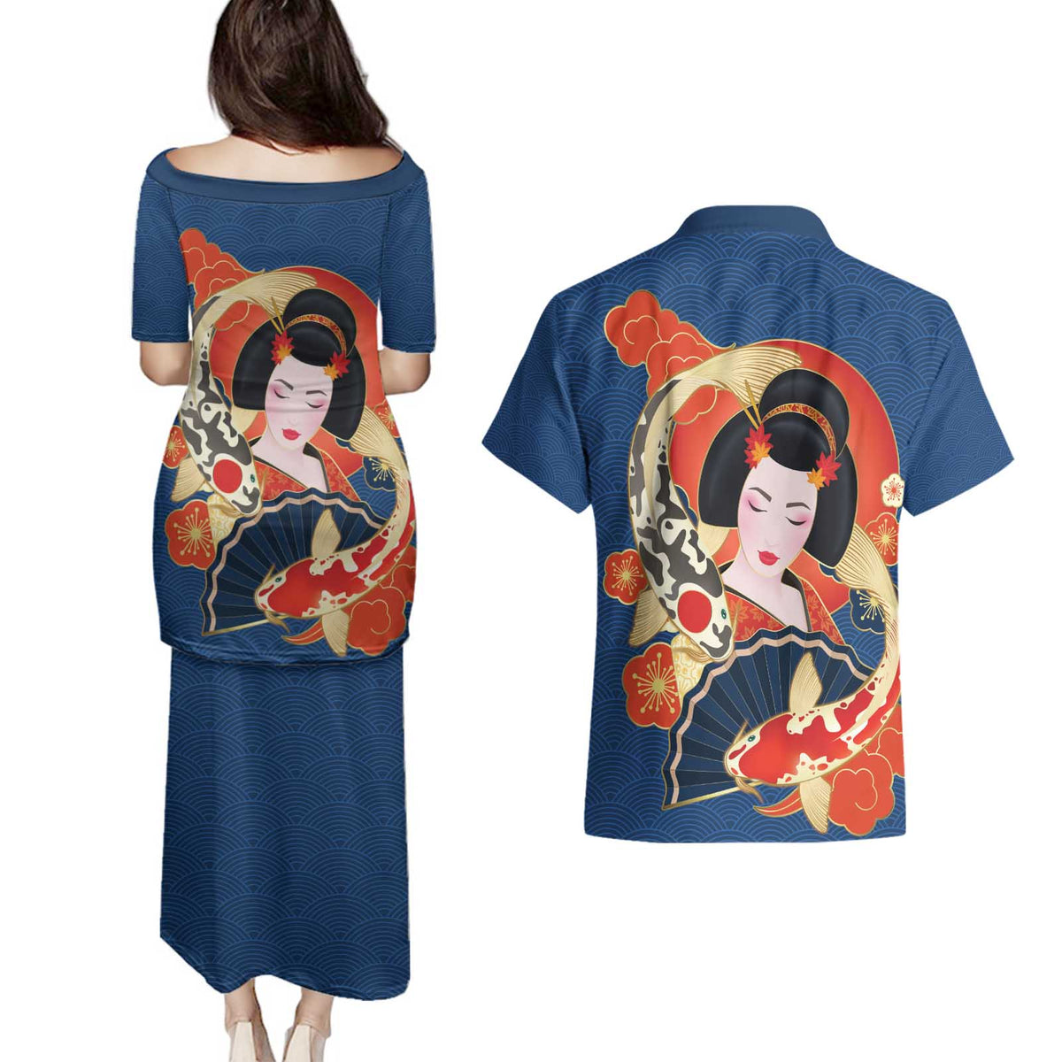 Japanese Geisha Koi Fish Couples Matching Puletasi and Hawaiian Shirt Cherry Blossoms Blue Seigaiha Pattern - Wonder Print Shop