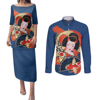 Japanese Geisha Koi Fish Couples Matching Puletasi and Long Sleeve Button Shirt Cherry Blossoms Blue Seigaiha Pattern - Wonder Print Shop