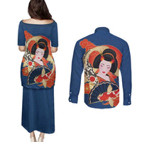Japanese Geisha Koi Fish Couples Matching Puletasi and Long Sleeve Button Shirt Cherry Blossoms Blue Seigaiha Pattern - Wonder Print Shop