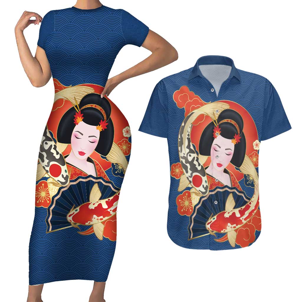 Japanese Geisha Koi Fish Couples Matching Short Sleeve Bodycon Dress and Hawaiian Shirt Cherry Blossoms Blue Seigaiha Pattern - Wonder Print Shop