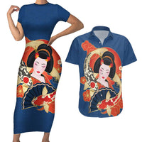 Japanese Geisha Koi Fish Couples Matching Short Sleeve Bodycon Dress and Hawaiian Shirt Cherry Blossoms Blue Seigaiha Pattern - Wonder Print Shop