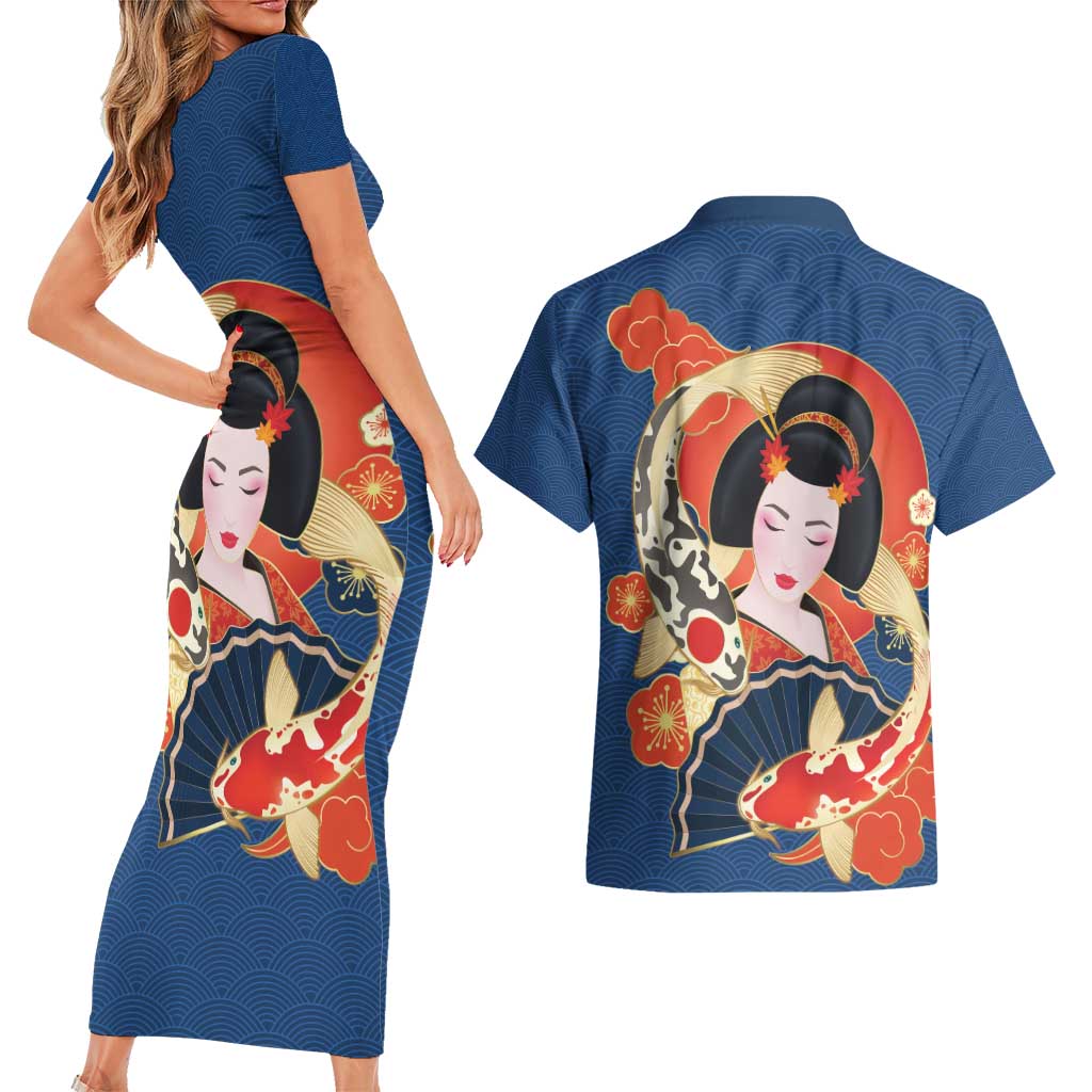Japanese Geisha Koi Fish Couples Matching Short Sleeve Bodycon Dress and Hawaiian Shirt Cherry Blossoms Blue Seigaiha Pattern - Wonder Print Shop