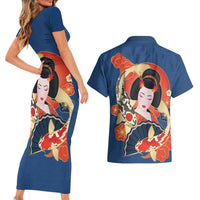Japanese Geisha Koi Fish Couples Matching Short Sleeve Bodycon Dress and Hawaiian Shirt Cherry Blossoms Blue Seigaiha Pattern - Wonder Print Shop