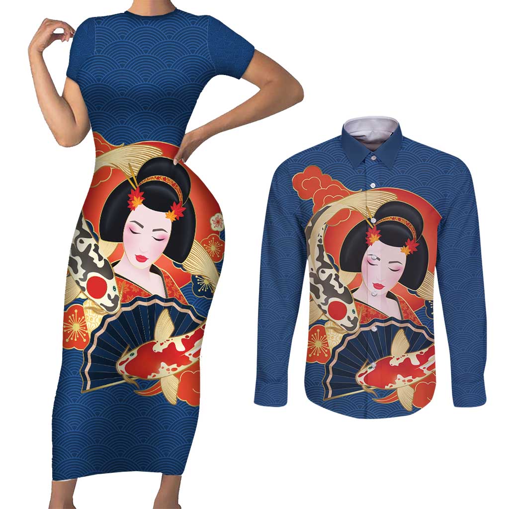 Japanese Geisha Koi Fish Couples Matching Short Sleeve Bodycon Dress and Long Sleeve Button Shirt Cherry Blossoms Blue Seigaiha Pattern - Wonder Print Shop