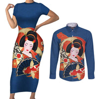 Japanese Geisha Koi Fish Couples Matching Short Sleeve Bodycon Dress and Long Sleeve Button Shirt Cherry Blossoms Blue Seigaiha Pattern - Wonder Print Shop