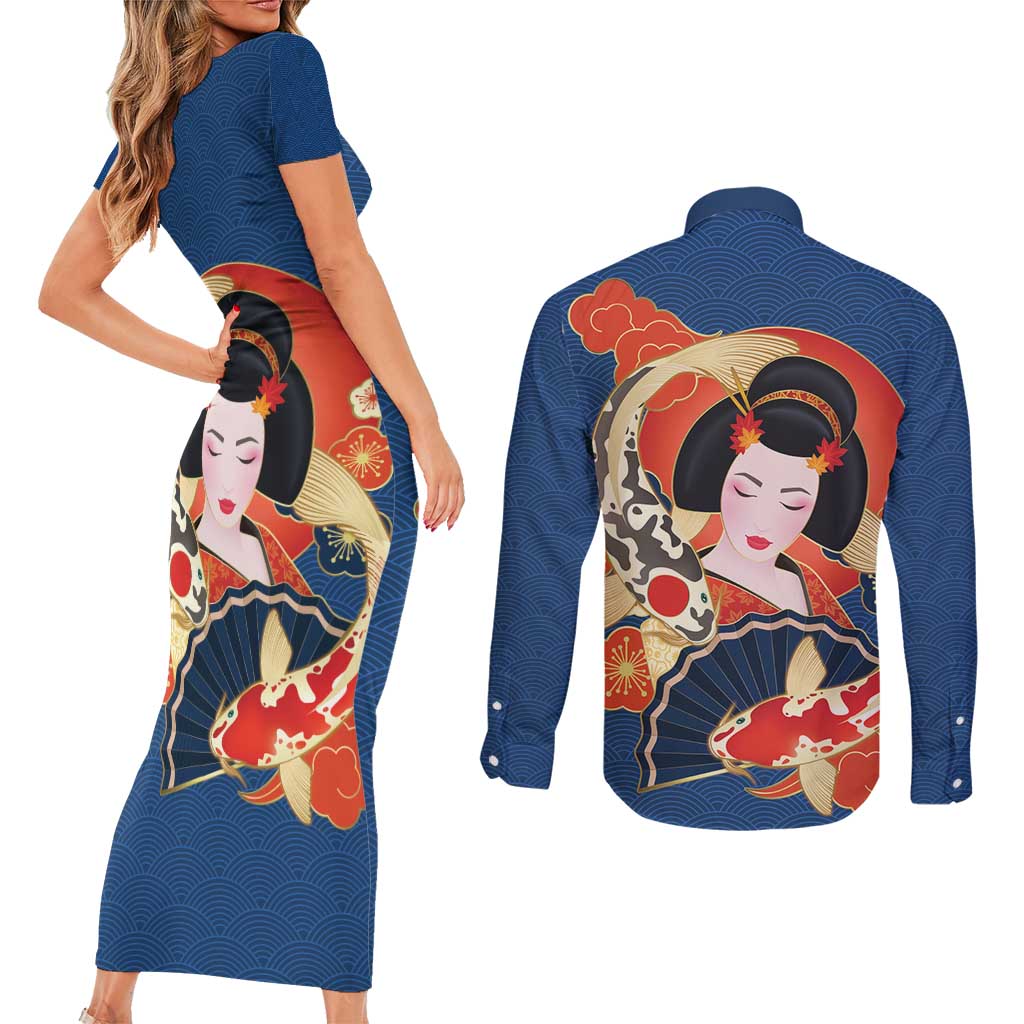 Japanese Geisha Koi Fish Couples Matching Short Sleeve Bodycon Dress and Long Sleeve Button Shirt Cherry Blossoms Blue Seigaiha Pattern - Wonder Print Shop