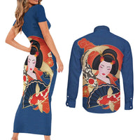 Japanese Geisha Koi Fish Couples Matching Short Sleeve Bodycon Dress and Long Sleeve Button Shirt Cherry Blossoms Blue Seigaiha Pattern - Wonder Print Shop