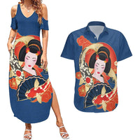 Japanese Geisha Koi Fish Couples Matching Summer Maxi Dress and Hawaiian Shirt Cherry Blossoms Blue Seigaiha Pattern - Wonder Print Shop