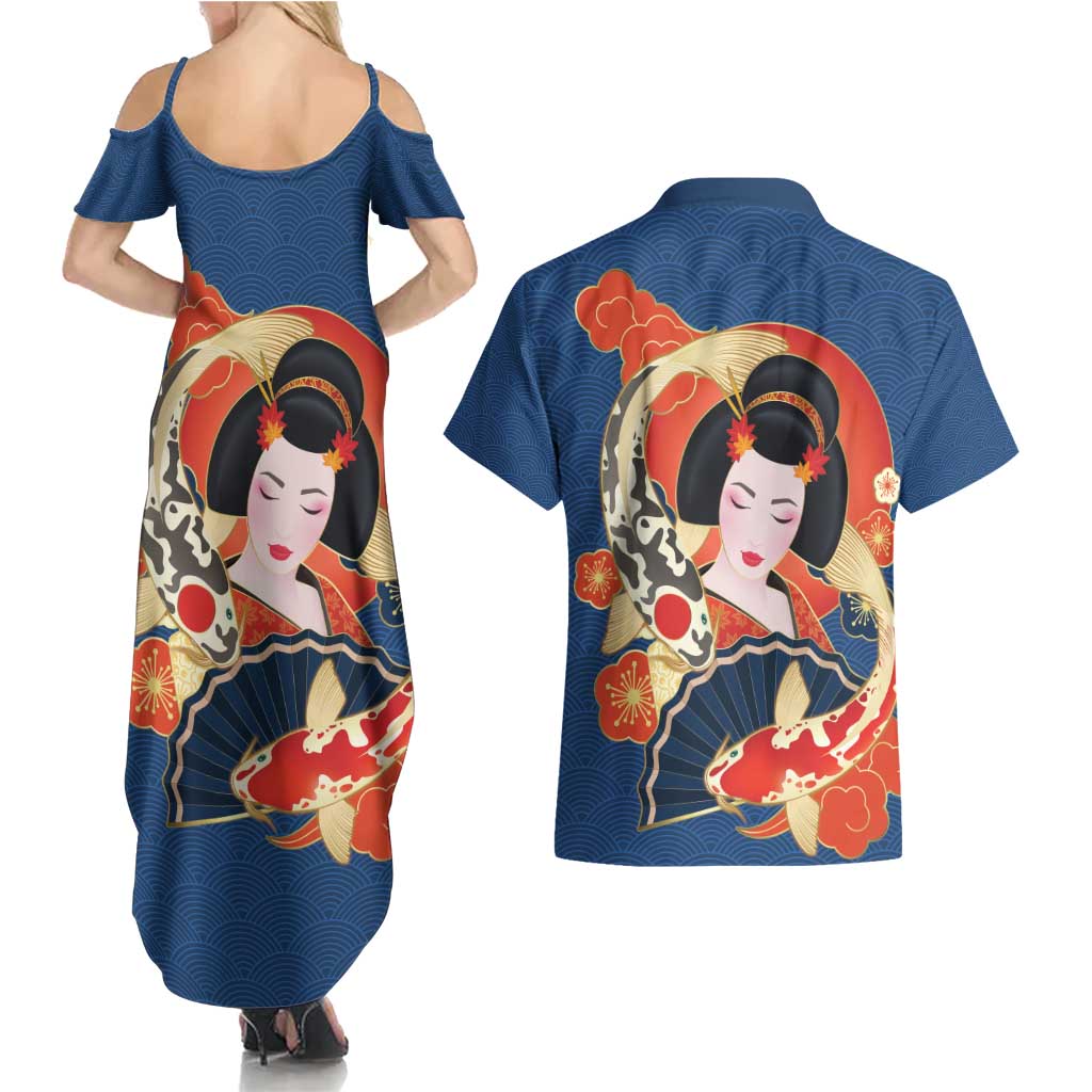 Japanese Geisha Koi Fish Couples Matching Summer Maxi Dress and Hawaiian Shirt Cherry Blossoms Blue Seigaiha Pattern - Wonder Print Shop