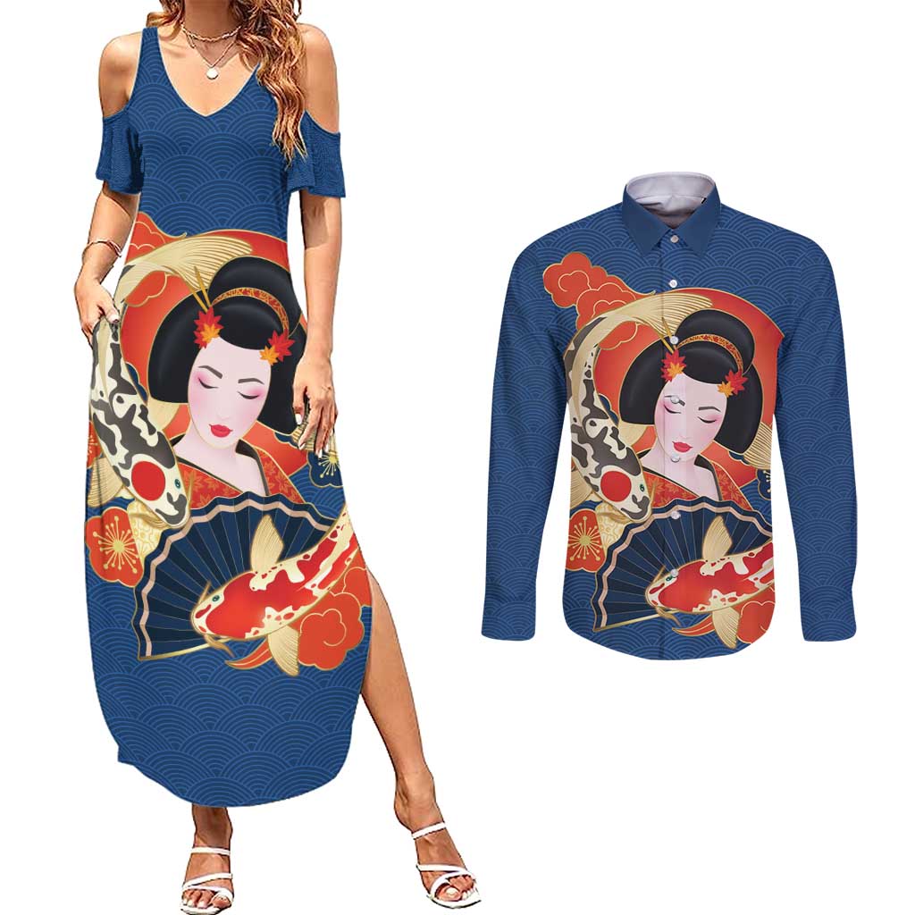 Japanese Geisha Koi Fish Couples Matching Summer Maxi Dress and Long Sleeve Button Shirt Cherry Blossoms Blue Seigaiha Pattern - Wonder Print Shop