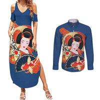 Japanese Geisha Koi Fish Couples Matching Summer Maxi Dress and Long Sleeve Button Shirt Cherry Blossoms Blue Seigaiha Pattern - Wonder Print Shop