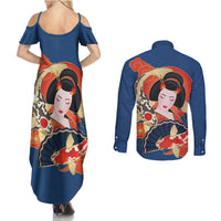 Japanese Geisha Koi Fish Couples Matching Summer Maxi Dress and Long Sleeve Button Shirt Cherry Blossoms Blue Seigaiha Pattern - Wonder Print Shop