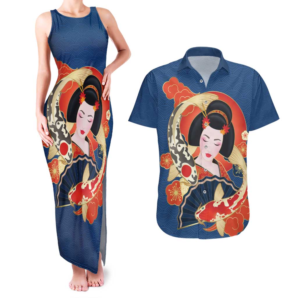 Japanese Geisha Koi Fish Couples Matching Tank Maxi Dress and Hawaiian Shirt Cherry Blossoms Blue Seigaiha Pattern - Wonder Print Shop