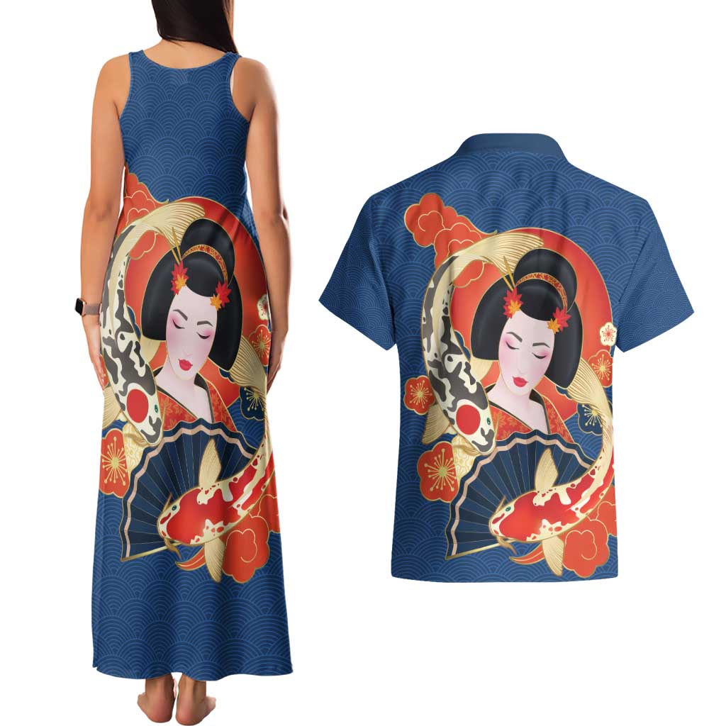 Japanese Geisha Koi Fish Couples Matching Tank Maxi Dress and Hawaiian Shirt Cherry Blossoms Blue Seigaiha Pattern - Wonder Print Shop