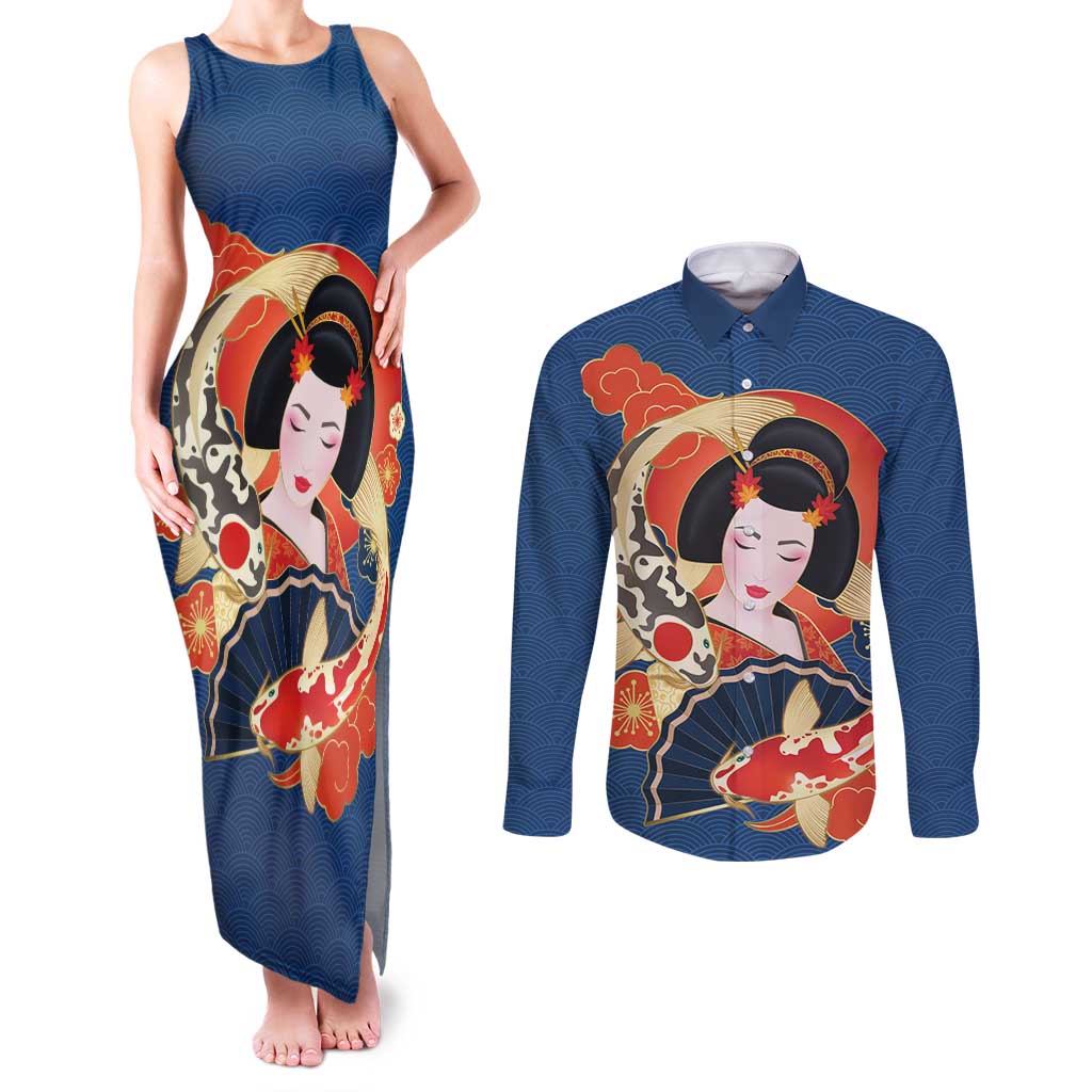Japanese Geisha Koi Fish Couples Matching Tank Maxi Dress and Long Sleeve Button Shirt Cherry Blossoms Blue Seigaiha Pattern - Wonder Print Shop
