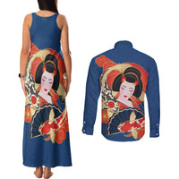 Japanese Geisha Koi Fish Couples Matching Tank Maxi Dress and Long Sleeve Button Shirt Cherry Blossoms Blue Seigaiha Pattern - Wonder Print Shop