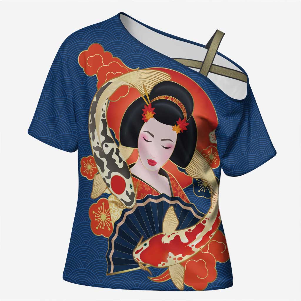 Japanese Geisha Koi Fish Cross Shoulder Shirt Cherry Blossoms Blue Seigaiha Pattern - Wonder Print Shop