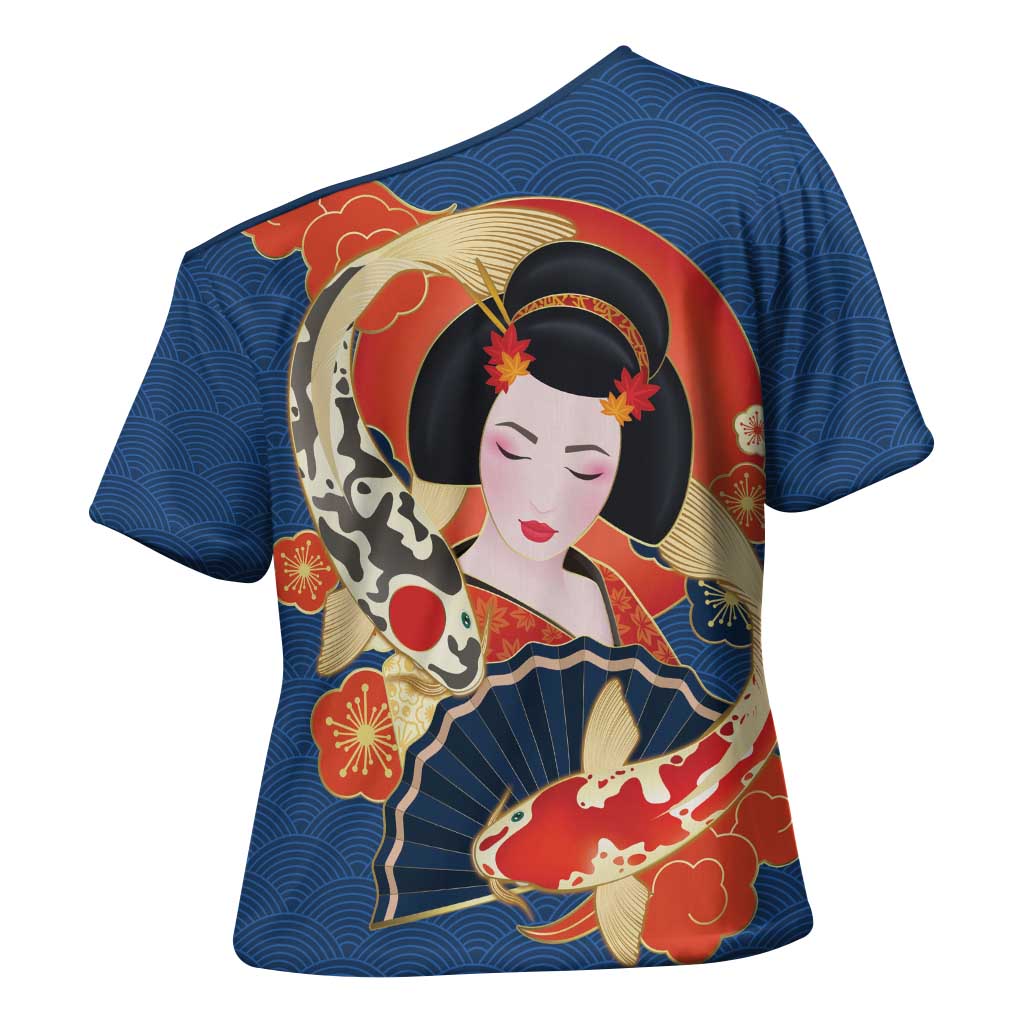 Japanese Geisha Koi Fish Cross Shoulder Shirt Cherry Blossoms Blue Seigaiha Pattern - Wonder Print Shop