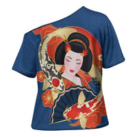 Japanese Geisha Koi Fish Cross Shoulder Shirt Cherry Blossoms Blue Seigaiha Pattern - Wonder Print Shop