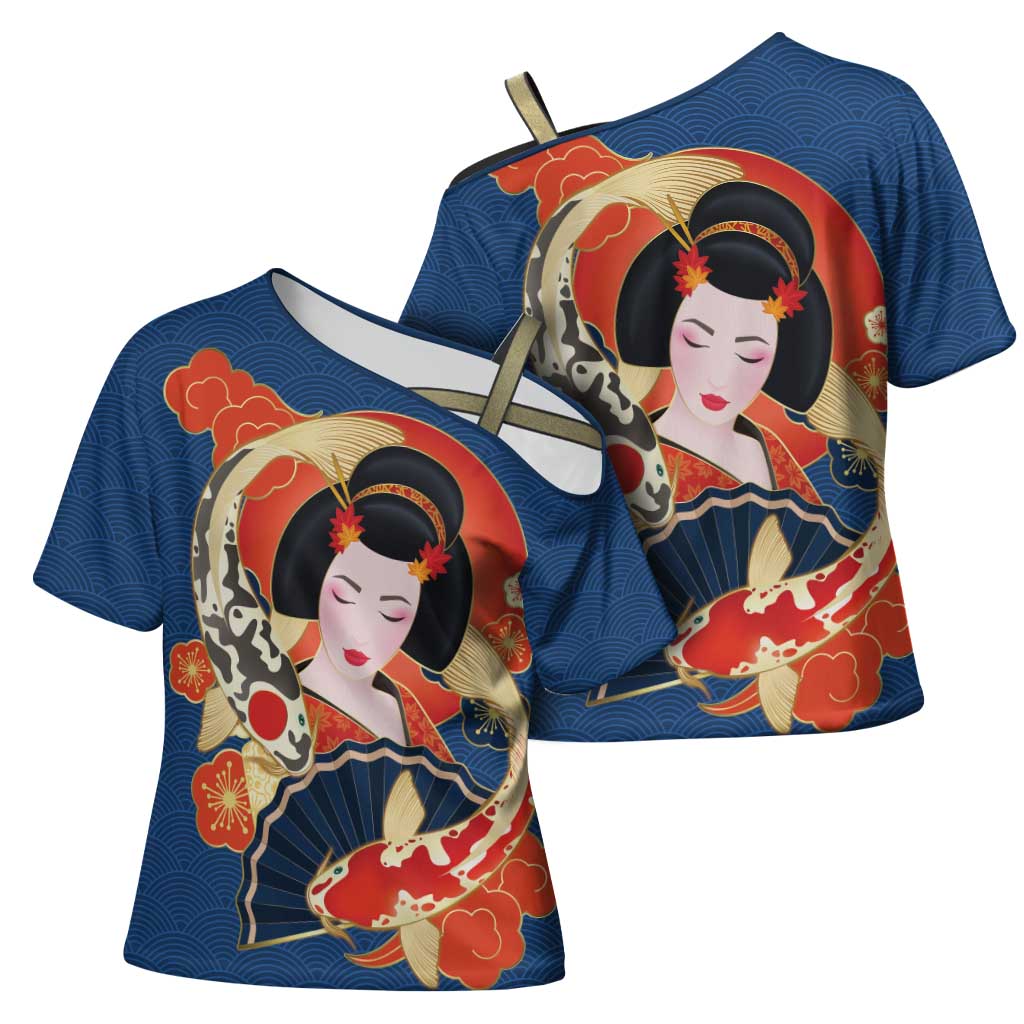 Japanese Geisha Koi Fish Cross Shoulder Shirt Cherry Blossoms Blue Seigaiha Pattern - Wonder Print Shop