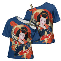 Japanese Geisha Koi Fish Cross Shoulder Shirt Cherry Blossoms Blue Seigaiha Pattern - Wonder Print Shop