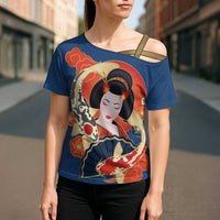 Japanese Geisha Koi Fish Cross Shoulder Shirt Cherry Blossoms Blue Seigaiha Pattern - Wonder Print Shop