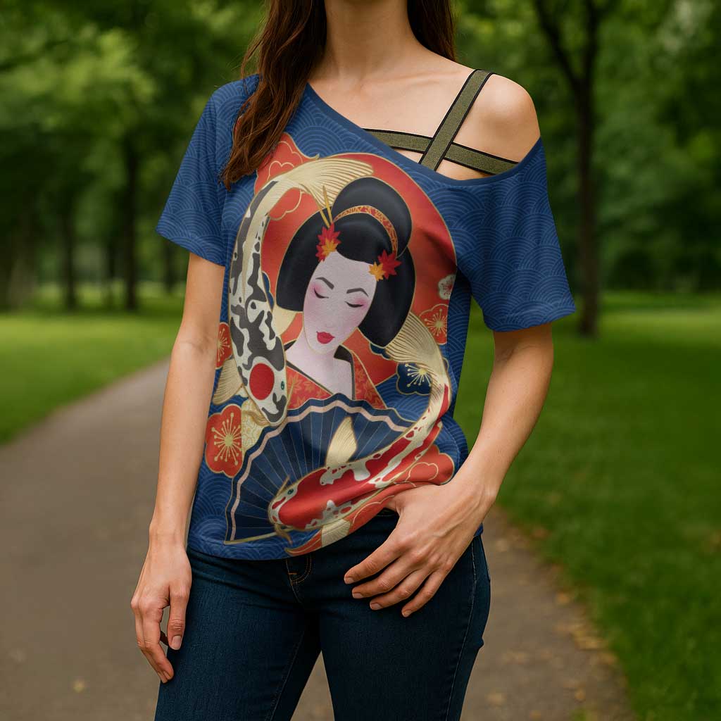 Japanese Geisha Koi Fish Cross Shoulder Shirt Cherry Blossoms Blue Seigaiha Pattern - Wonder Print Shop
