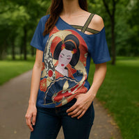 Japanese Geisha Koi Fish Cross Shoulder Shirt Cherry Blossoms Blue Seigaiha Pattern - Wonder Print Shop