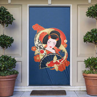 Japanese Geisha Koi Fish Door Cover Cherry Blossoms Blue Seigaiha Pattern - Wonder Print Shop