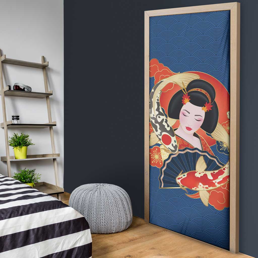 Japanese Geisha Koi Fish Door Cover Cherry Blossoms Blue Seigaiha Pattern - Wonder Print Shop