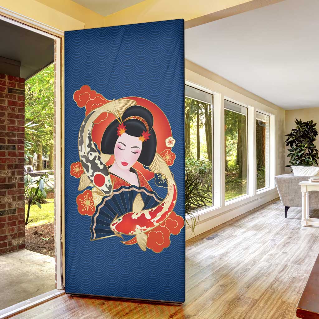 Japanese Geisha Koi Fish Door Cover Cherry Blossoms Blue Seigaiha Pattern - Wonder Print Shop