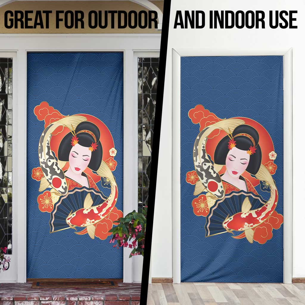 Japanese Geisha Koi Fish Door Cover Cherry Blossoms Blue Seigaiha Pattern - Wonder Print Shop