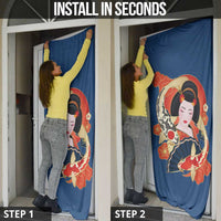 Japanese Geisha Koi Fish Door Cover Cherry Blossoms Blue Seigaiha Pattern - Wonder Print Shop