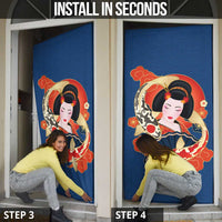 Japanese Geisha Koi Fish Door Cover Cherry Blossoms Blue Seigaiha Pattern - Wonder Print Shop