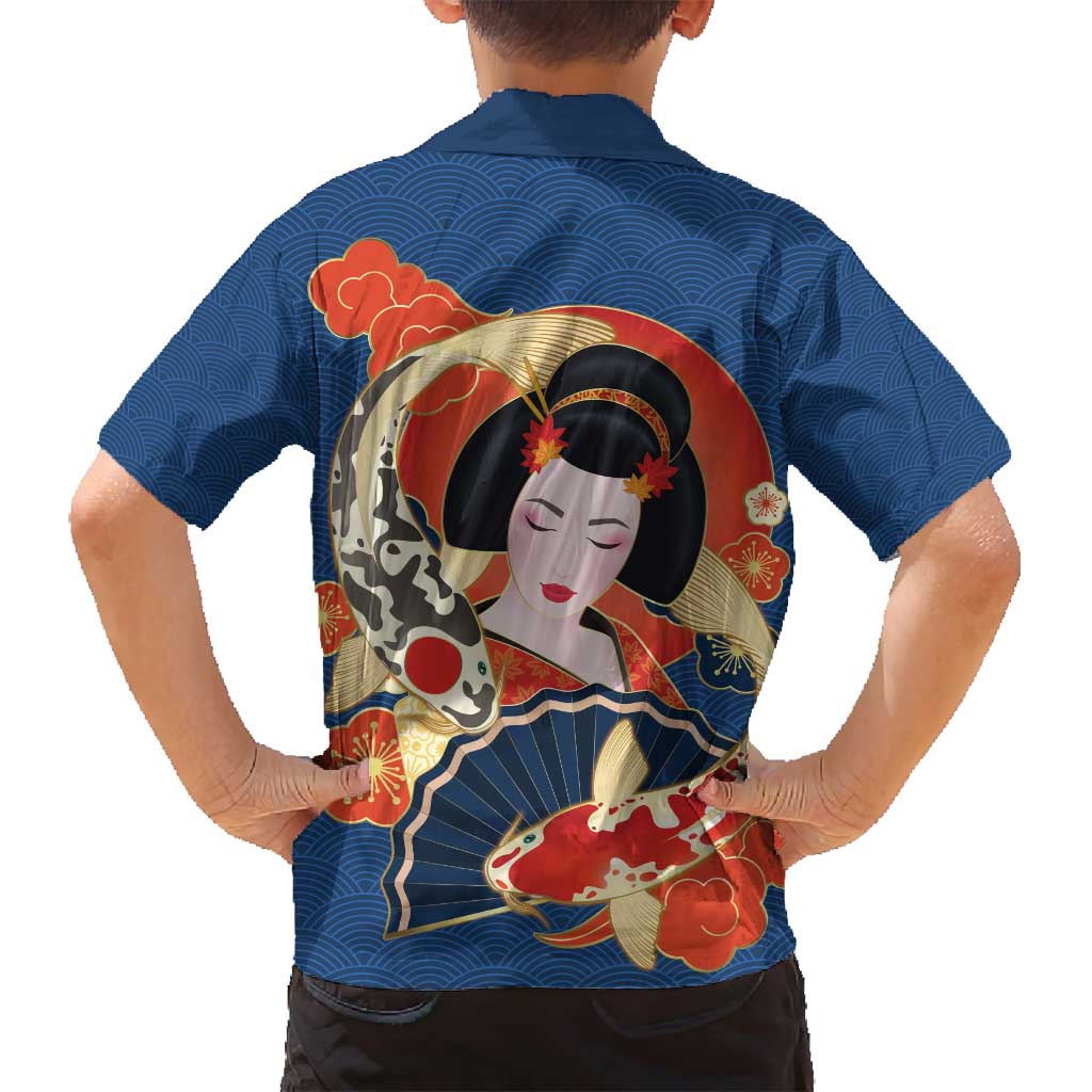 Japanese Geisha Koi Fish Family Matching Long Sleeve Bodycon Dress and Hawaiian Shirt Cherry Blossoms Blue Seigaiha Pattern - Wonder Print Shop